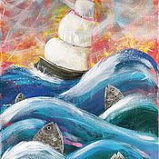 Картины и панно handmade. Livemaster - original item PAUSNIK and PISCES. A ship on the waves. Painting on canvas. Handmade.