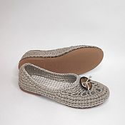 Обувь ручной работы handmade. Livemaster - original item Knitted ballerinas with a button, gray linen-cotton. Handmade.