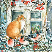 Картина акварелью с котом новый год Кот хозяйственный