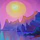 Fragment oil painting - Night in the Gulf Violet. The moon and the mountains.