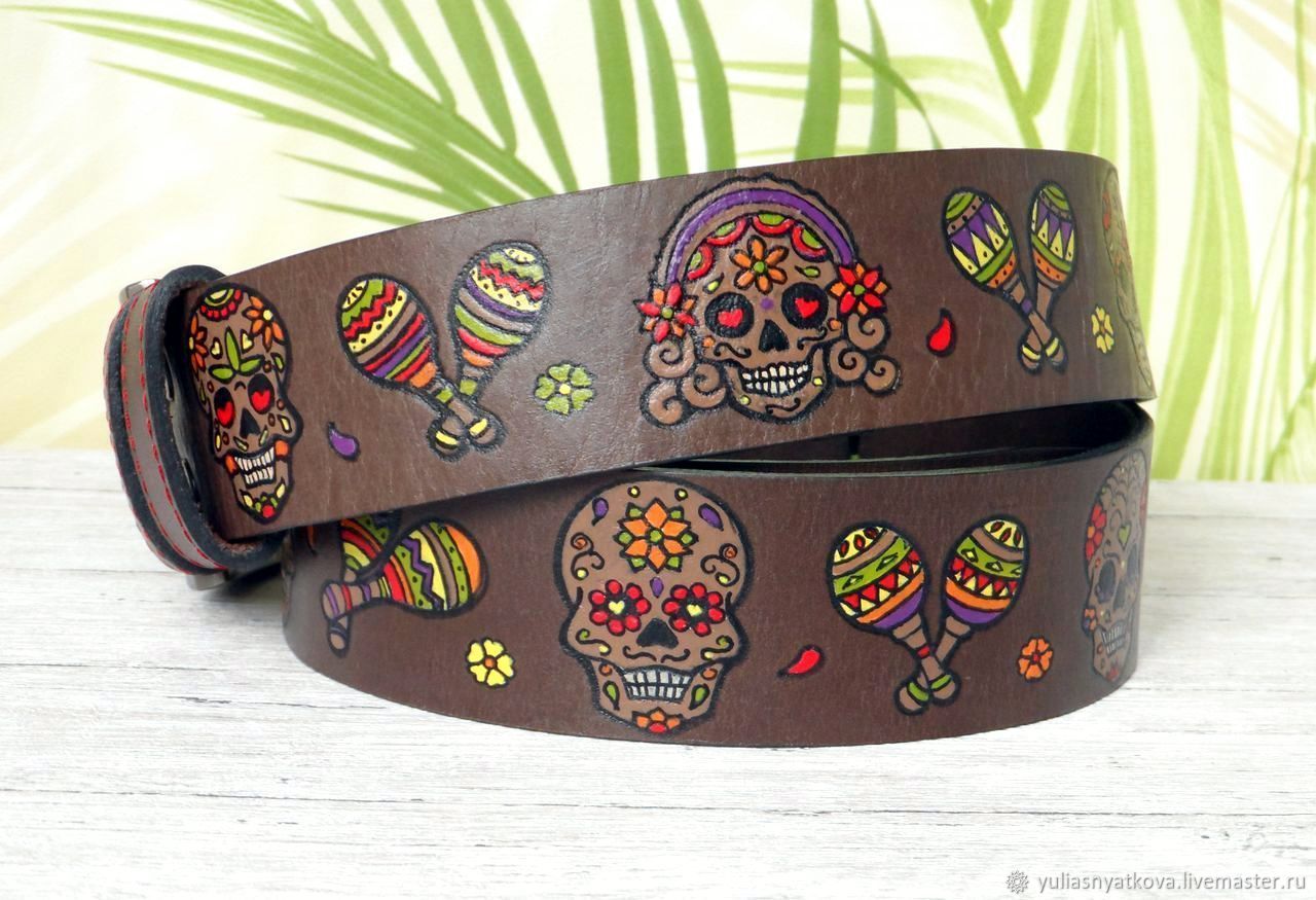 Sugar Skull Leather Belt, Brown Leather Belt, Straps, St. Petersburg,  Фото №1