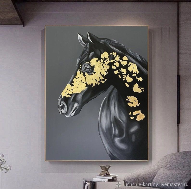 Интерьерные картины маслом на холсте Черный конь с золотом Лошадь в  интернет-магазине Ярмарка Мастеров по цене 63750 ₽ – QIZKMRU | Картины,  Москва - доставка по России