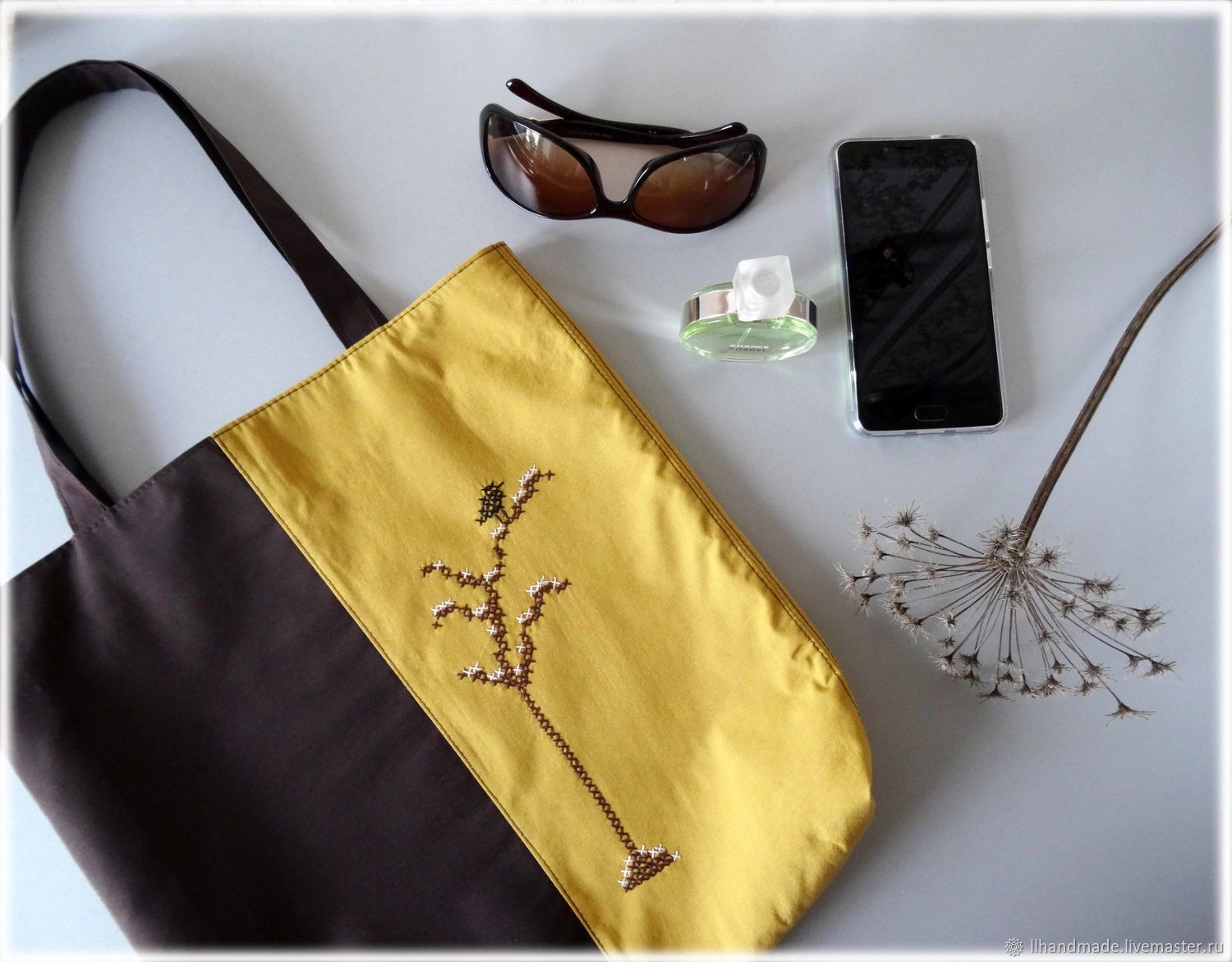 Эко-сумка непромокаемая "Птица на ветке" - авоська, коричневая сумка