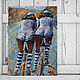 Картина масло Две девушки на велосипедах (полосатый бирюзовый рыжий), Картины, Южноуральск,  Фото №1