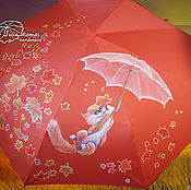 Зонт с росписью: Люблю Камчатку! Корякский вулкан, лиса, сокол