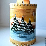 A bottle for alcohol, decorated with birch bark. Holiday gift
