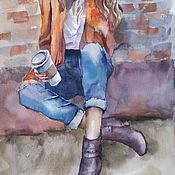 Картины и панно handmade. Livemaster - original item Watercolor painting espresso #3 (coffee girl red purple). Handmade.