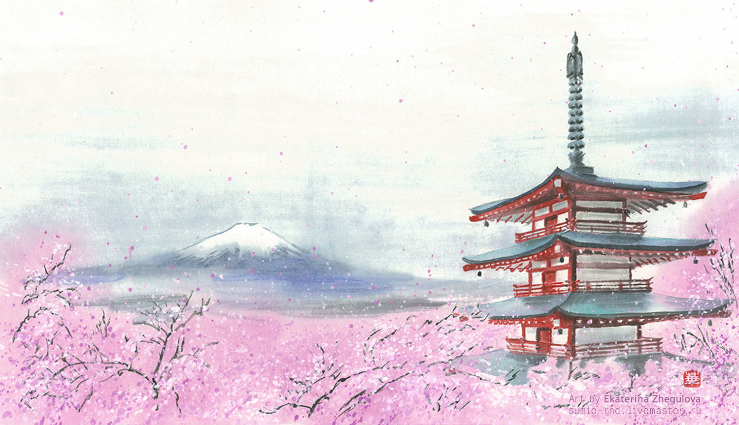 Картина Японская весна 40x23 суми-э тушь розовая сакура Япония пагода, Карт...