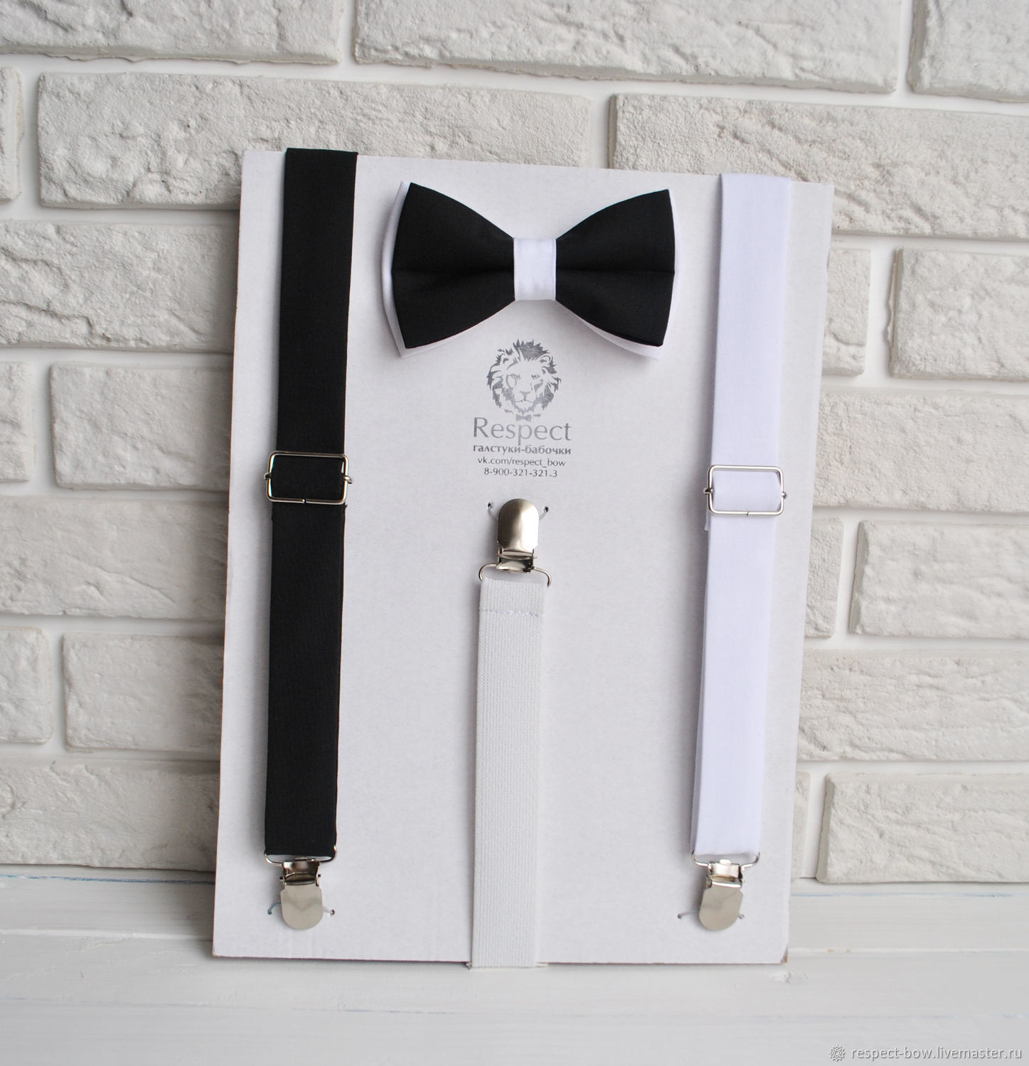 Black white butterfly bow tie and black and white men's suspenders, made in a contrasting style. Buy this set of bow tie and suspenders in the Internet shop in Moscow with delivery around the world
