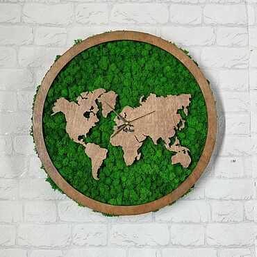 Для дома и интерьера ручной работы. Ярмарка Мастеров - ручная работа Часы 50 см "Карта мира" из стабилизированного мха. Handmade.