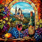 Картины и панно handmade. Livemaster - original item Painting stained glass Still life with fruit and wine. Landscape Fairy Castle. Handmade.