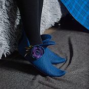 Тапочки женские валяные голубые с цветком