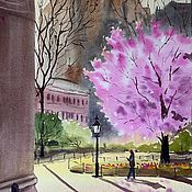 Картины и панно handmade. Livemaster - original item Spring sunset in New York cityscape watercolor cherry blossom. Handmade.