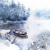 Картины и панно handmade. Livemaster - original item The first snow Painting with watercolors (blue, white). Handmade.