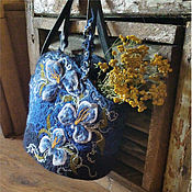 Сумки и аксессуары handmade. Livemaster - original item Bag felted blue Irises, leather bottom, handles, lining with pockets. Handmade.