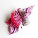 Leather brooch Sakura flower grey pink fuchsia with stamens, Brooches, Moscow,  Фото №1