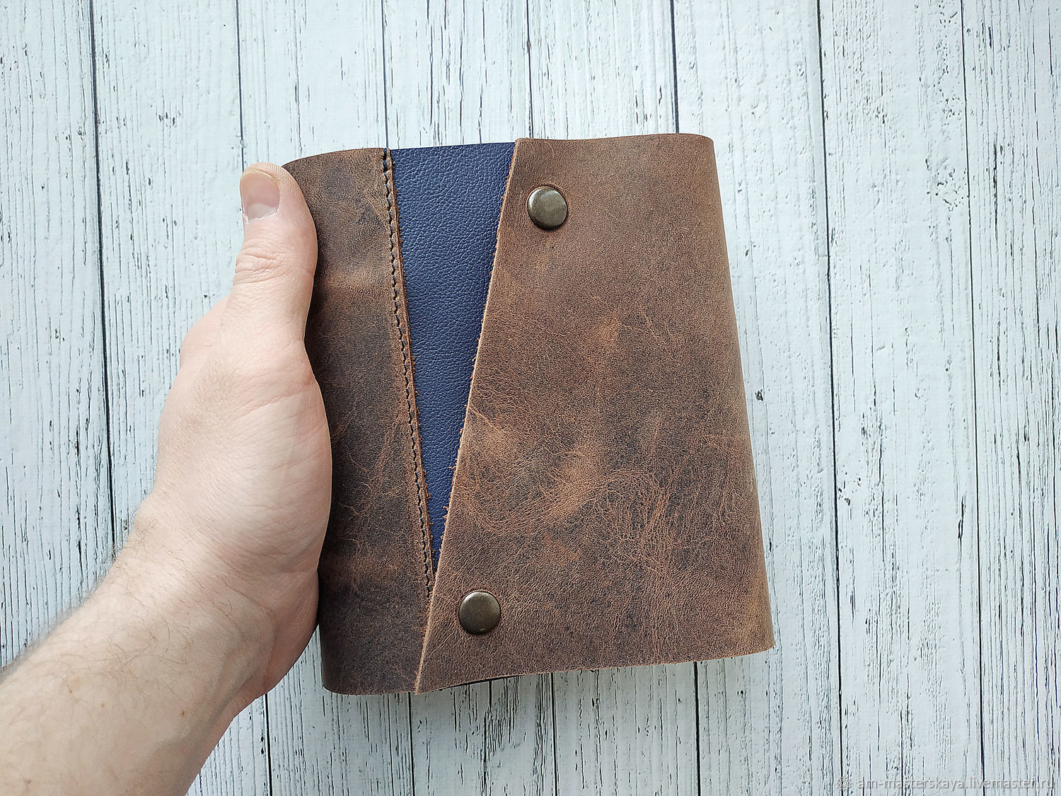 Leather notebook A6 brown with blue buttons, Notebooks, St. Petersburg,  Фото №1