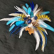Украшения handmade. Livemaster - original item Hairpin-brooch made of rooster and pheasant feathers in white and blue color scheme. Handmade.