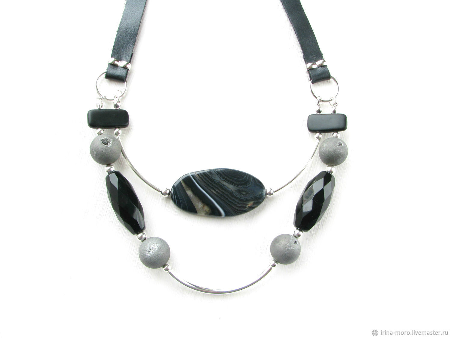 Leather necklace with onyx, black multi-row necklace 'Cosmos', Necklace, Moscow,  Фото №1