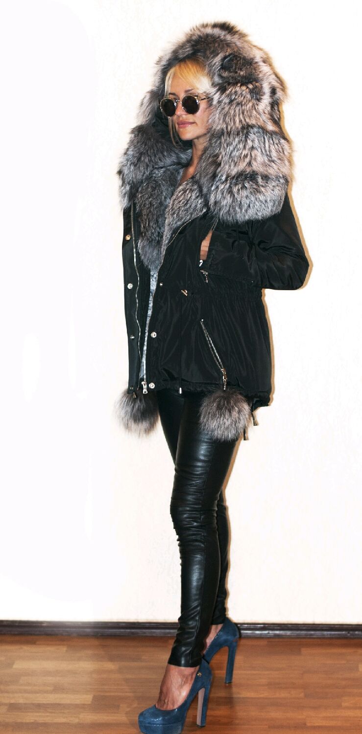 Куртка кожаная с мехом чернобурки женская зима