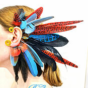 Украшения handmade. Livemaster - original item Red-turquoise feather cuff. Handmade.