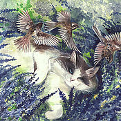 Картина акварелью - Кот Кеша и снегири за окном