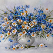 Картины и панно handmade. Livemaster - original item A painting of Chamomile and cornflowers in a white vase. Handmade.