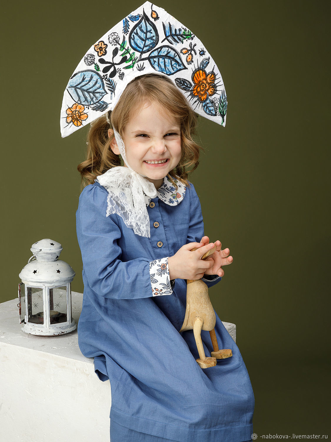 Голубое платье для девочки из конопли с длинным рукавом, Платье, Москва,  Фото №1