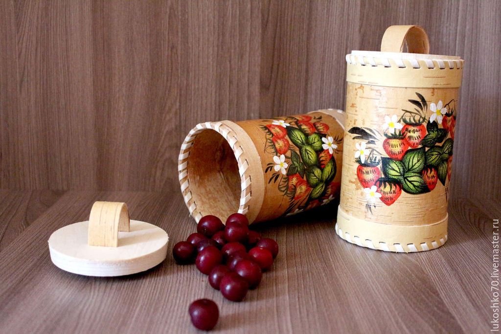 Birch bark basket painted. A container for storing tea, salt, sugar, Jars, Tomsk,  Фото №1