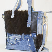 Сумки и аксессуары handmade. Livemaster - original item Shopper bag made of jeans,leather and mink fur Stylish denim boho bag. Handmade.