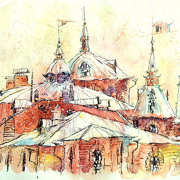 Картина старый город, крыши, акварель "Снег в августе". . Картины и панно ручной работы - Ярмарка Мастеров Картины и панно ручной работы. Ярмарка Мастеров - ручная работа Картина старый город, крыши, акварель "Снег в августе". Handmade.