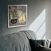 Картина Хмурый день (пейзаж, серый, охра, бежевый, белый фон)