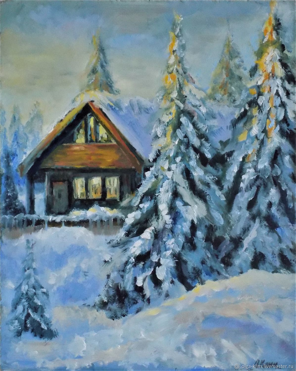 Дом зимой в лесу рисунок