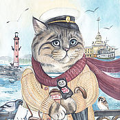 Картина акварелью с котом новый год Кот хозяйственный