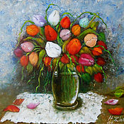 Картины и панно handmade. Livemaster - original item Oil painting flowers tulips colorful bouquet in vase. Handmade.