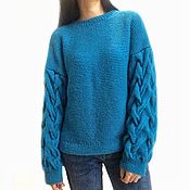 Одежда handmade. Livemaster - original item Vasilisa women`s jumper, knitted with knitting needles, braids on the sleeves, half-wool. Handmade.