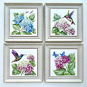 Для дома и интерьера handmade. Livemaster - original item Tiles and tiles: Hummingbirds and hydrangeas, set of 4 pcs. Handmade.