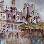 Картины и панно handmade. Livemaster - original item Carrousel watercolor Painting (mustard Burgundy cityscape). Handmade.