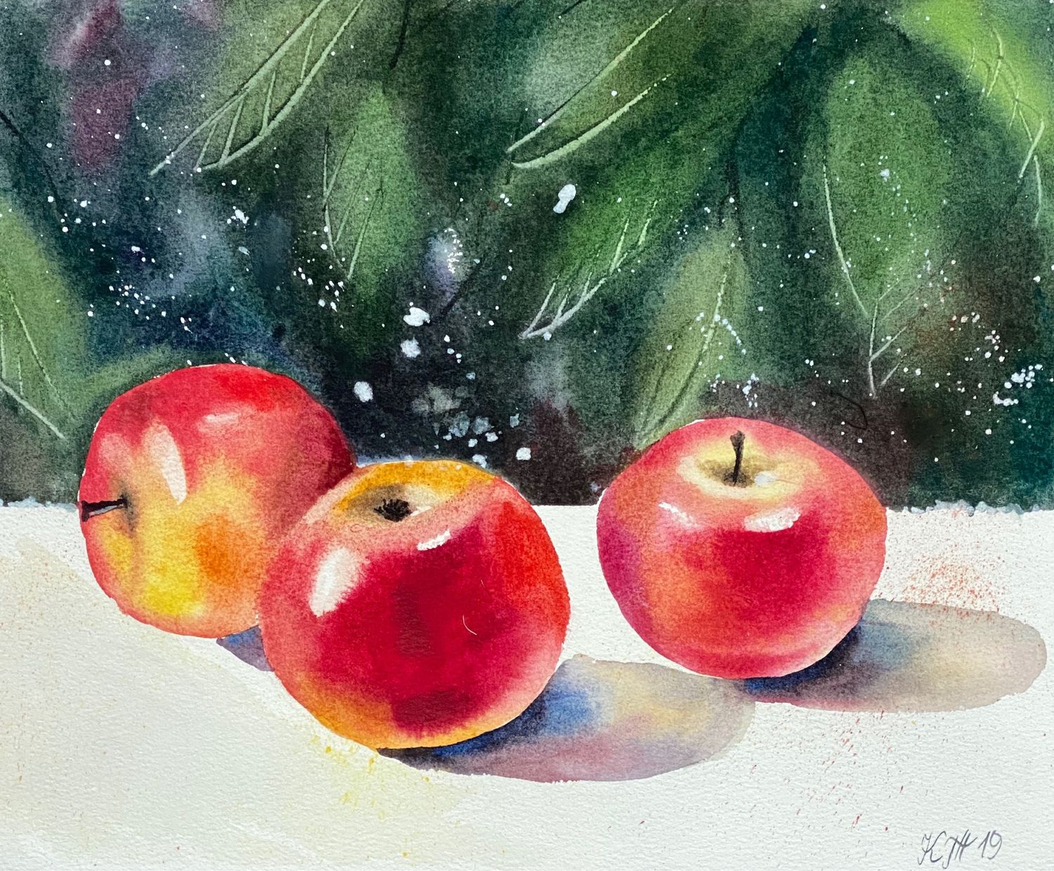 Натюрморт с яблоками акварелью