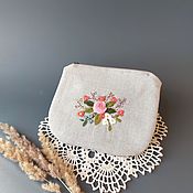 Linen cosmetic bag with hand embroidery