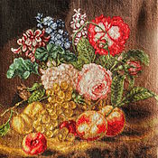 Картины и панно ручной работы. Ярмарка Мастеров - ручная работа Картина Натюрморт Цветы и фрукты с ручной вышивкой крестом без рамы. Handmade.