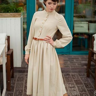 Ivory sand Woollen beige dress with cuffs and collar 1960 s style CEUTTCOM Dresses Tomsk