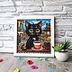  Витражная картина Котик пьёт кофе на балконе 22х22 см. Картины. ZorkaVenera (Татьяна). Ярмарка Мастеров.  Фото №12