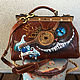 Hand painted Cheshire Cat doctor bag. Steampunk leather purse, Valise, Trakai,  Фото №1