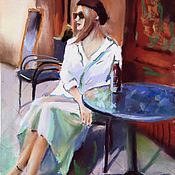 Картины и панно handmade. Livemaster - original item Pastel painting Summer Cafe (red-haired blue-green girl). Handmade.