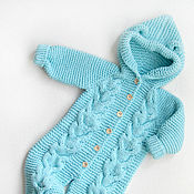 Одежда детская handmade. Livemaster - original item Baby knitted Romper with ears turquoise white. Handmade.