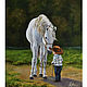 Oil painting 'Acquaintance' landscape horse child, Pictures, Belorechensk,  Фото №1