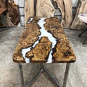 Раздвижной стол река из слэбов капового карагача и эпоксидной смолы