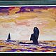 Иллюстрация девушка в море смотрит на кораблик морской пейзаж закат. Картины. Марина Айдын. Ярмарка Мастеров.  Фото №5