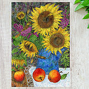 Bouquet of sunflowers. The big picture watercolor on canvas